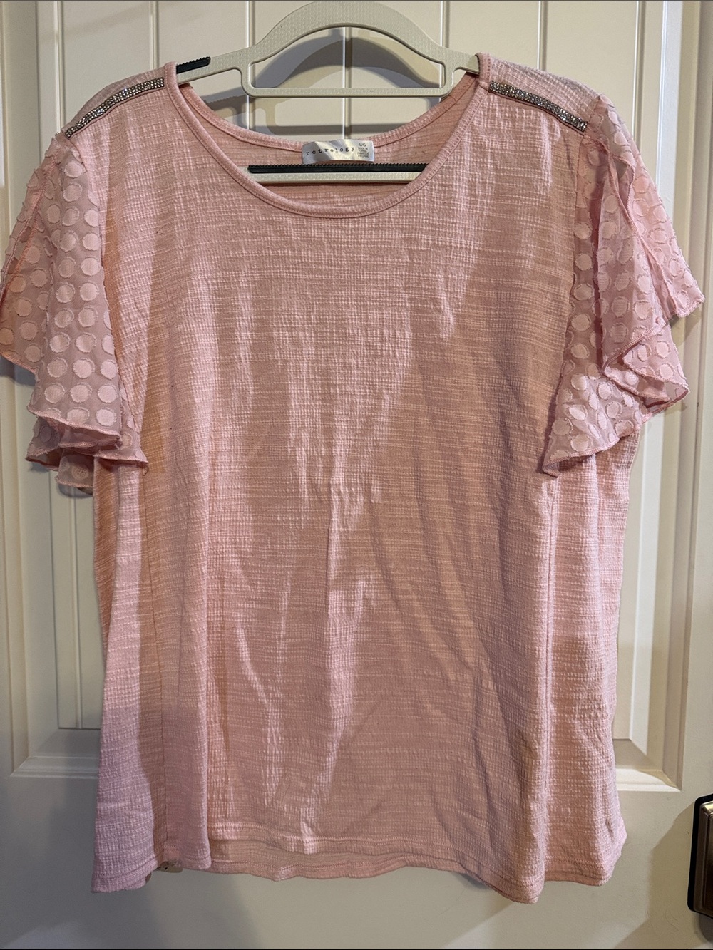Petite Pink Textured Short Sleeve Top with Dot Ruffle Sleeves